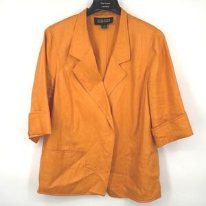 Linda Allard Ellen Tracy Wms Blazer 16 Orange 100% Linen Cuffed 3/4 Sleeve Chic